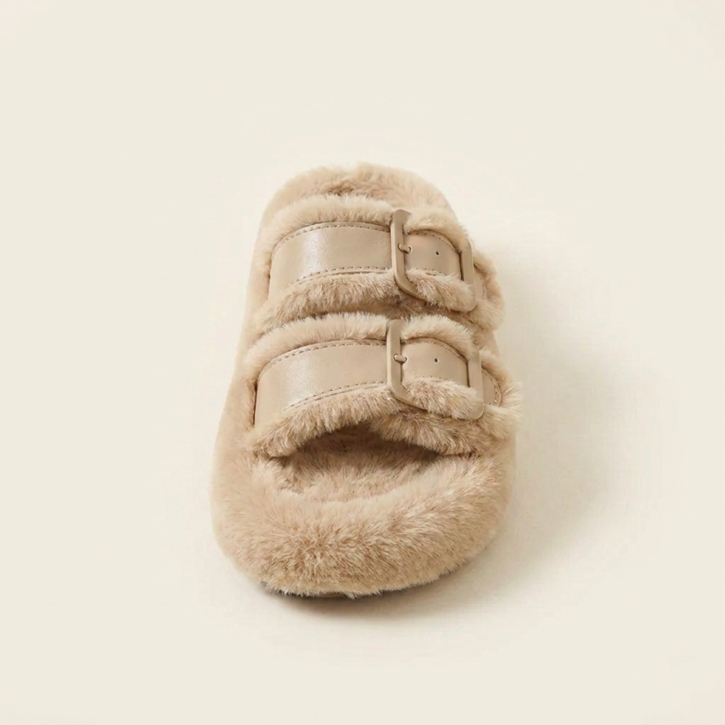 CleanGirlStore Fuzzy Buckle Detail Slippers - Beige - Single Front