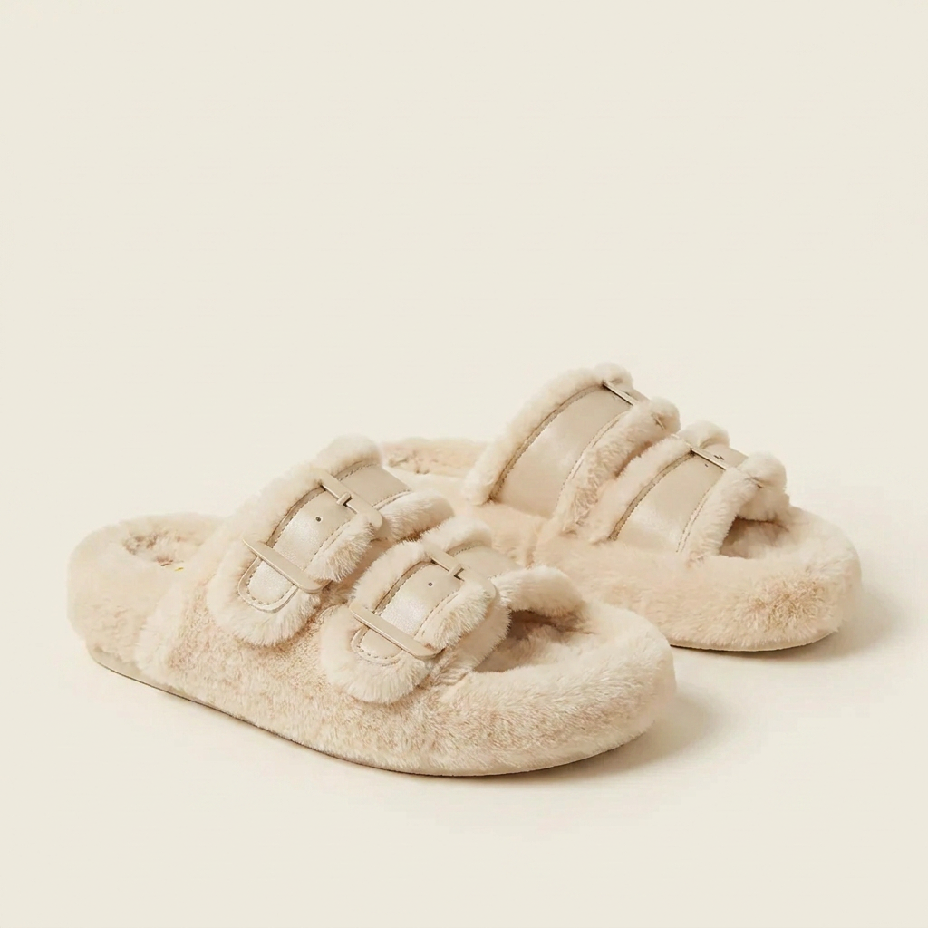 CleanGirlStore Fuzzy Buckle Detail Slippers - Beige - Front