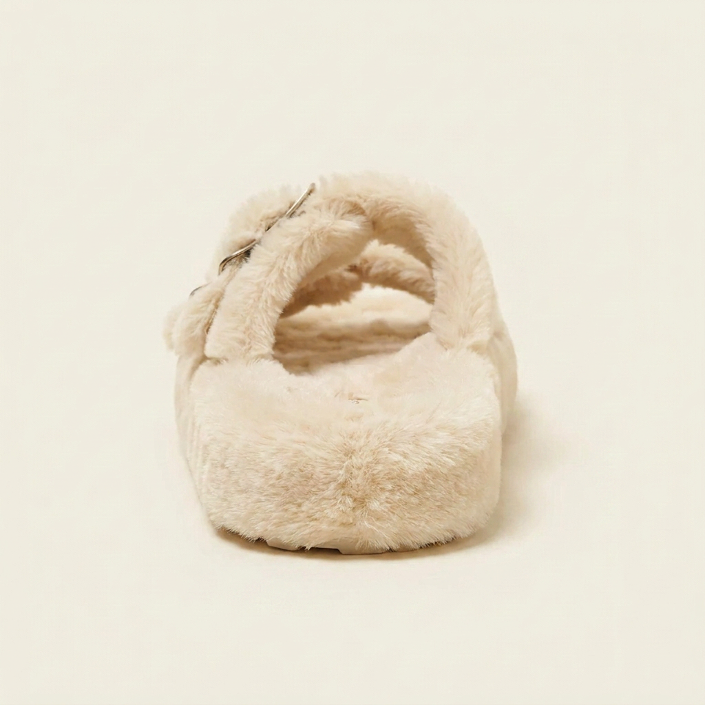CleanGirlStore Fuzzy Buckle Detail Slippers - Beige - Back