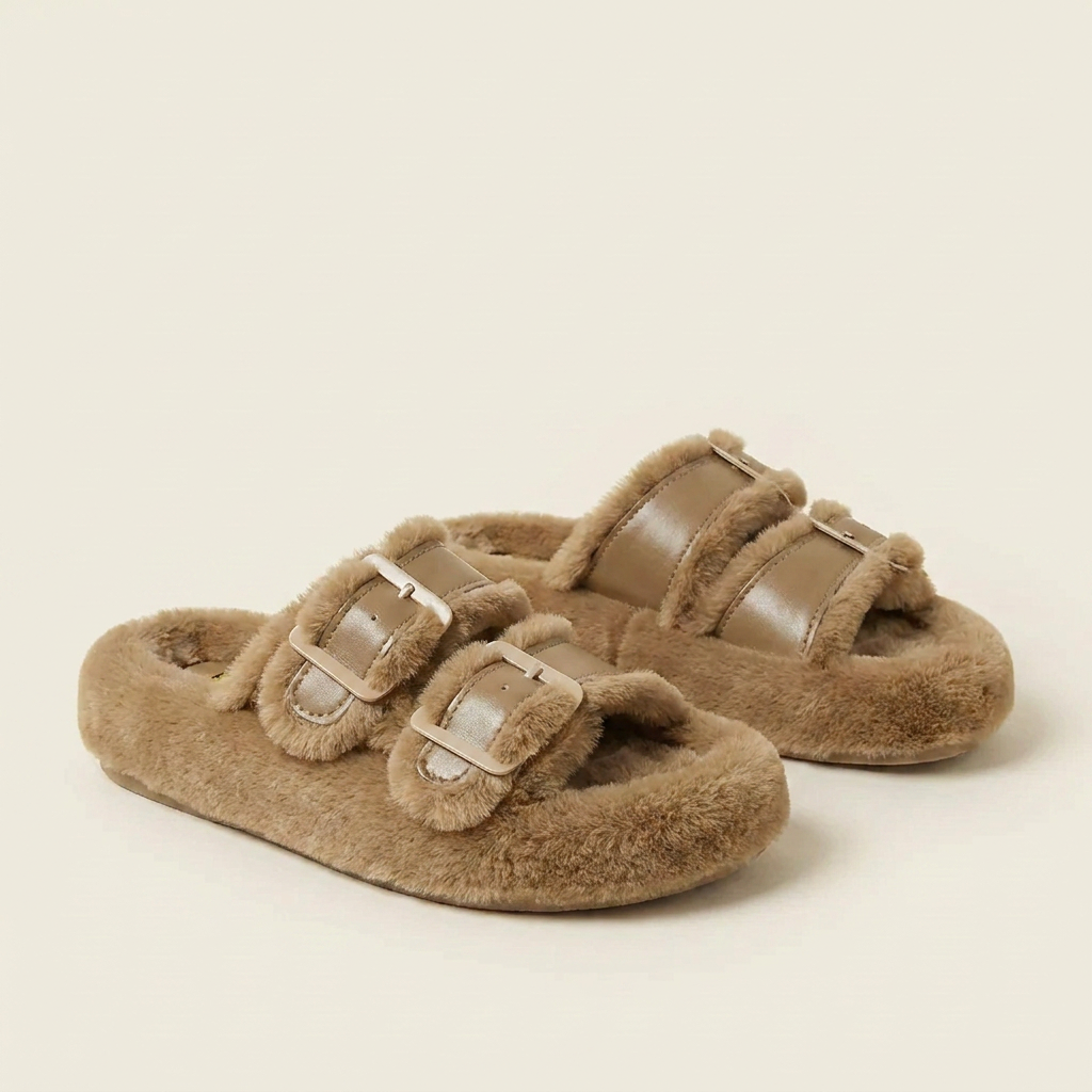 CleanGirlStore Fuzzy Buckle Detail Slippers - Khaki - Front