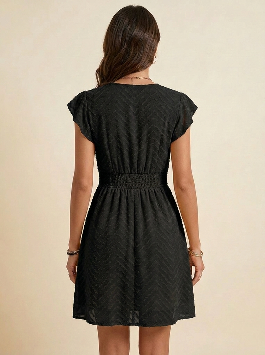 V-Neck Ruffle Mini Dress — Black Back