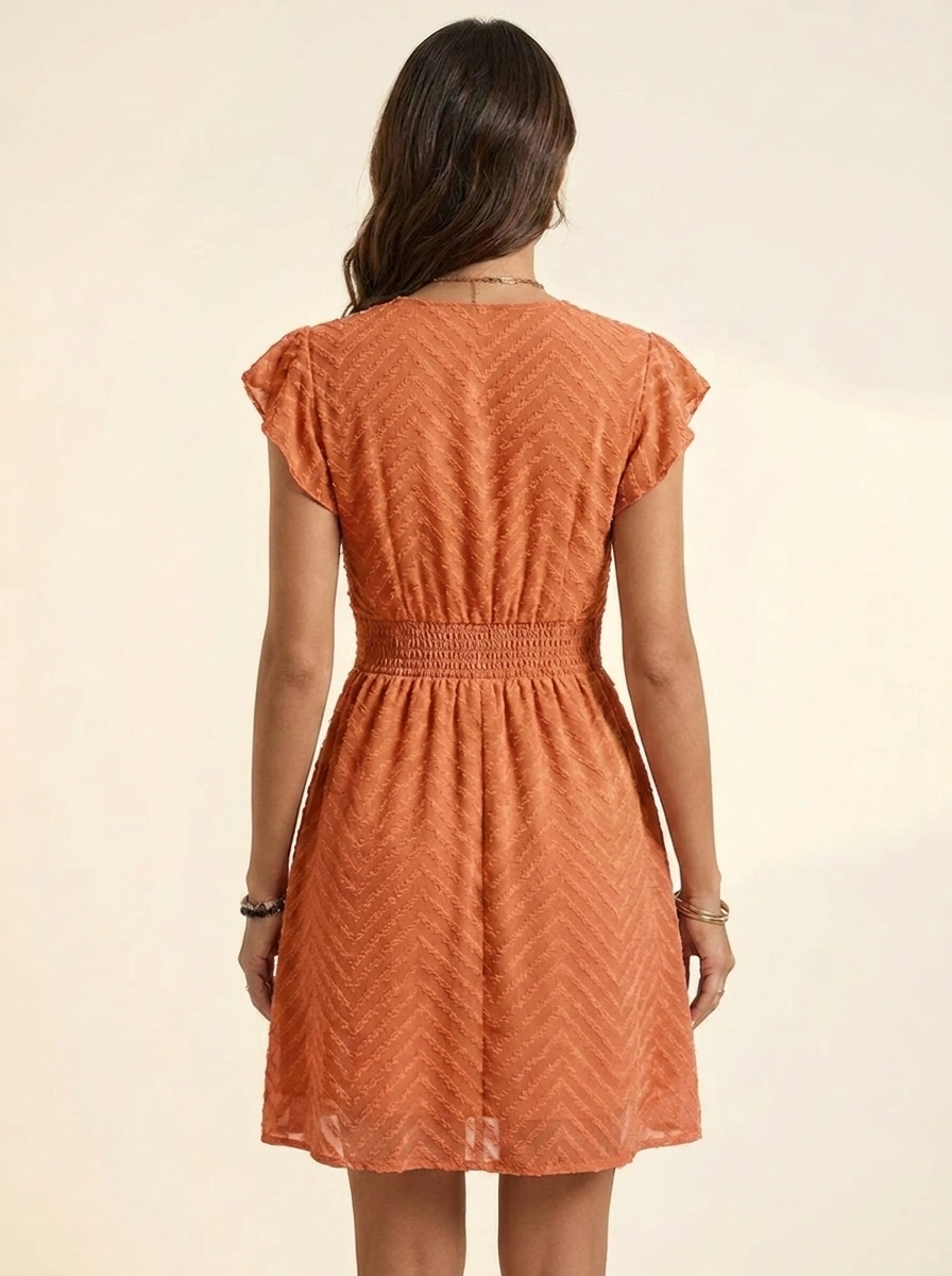 V-Neck Ruffle Mini Dress — Burnt Coral Back