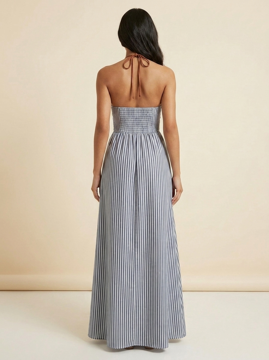 Striped Halter Maxi Dress — Navy Blue Back