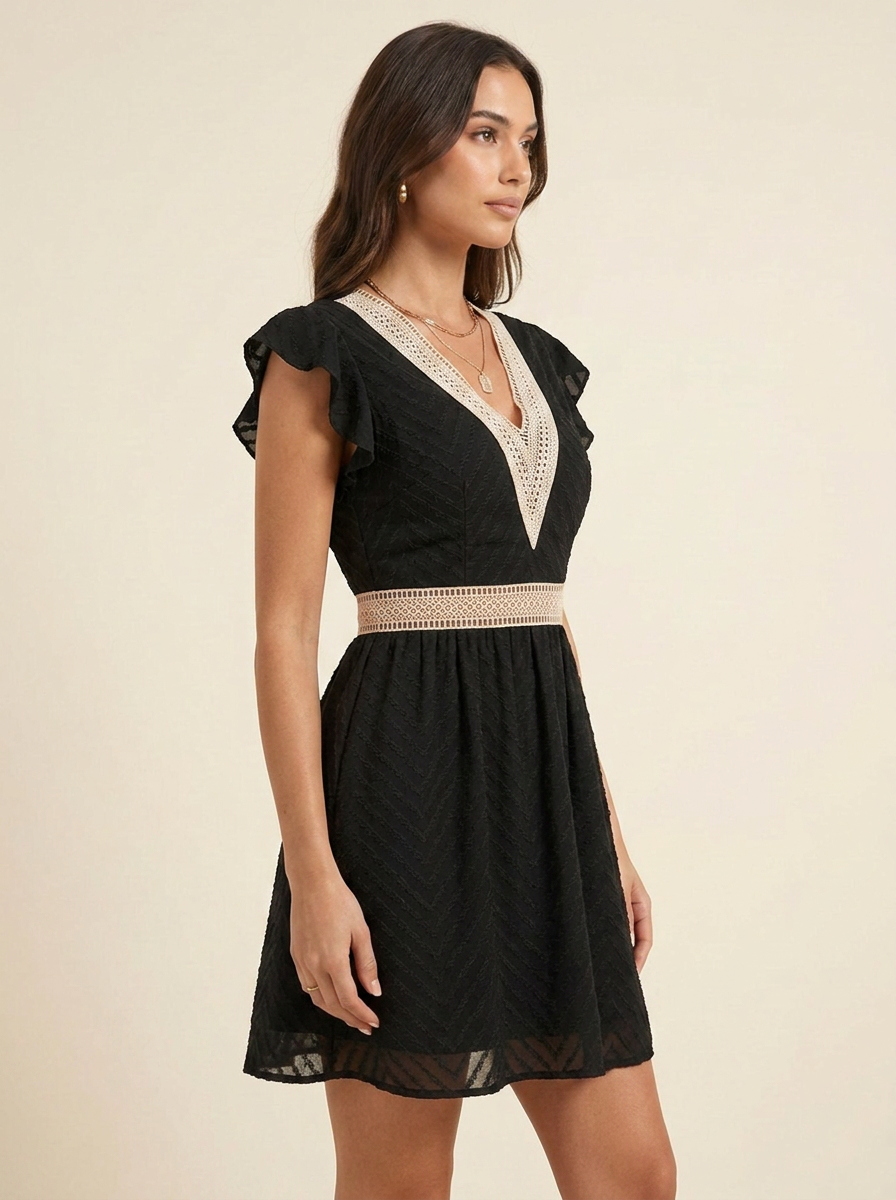 V-Neck Ruffle Mini Dress — Black Side