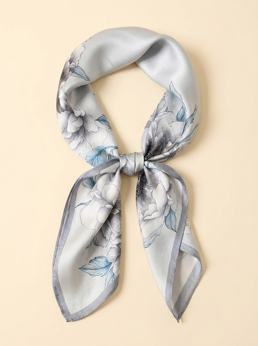 Floral Silk Scarf - Light Gray - Bow