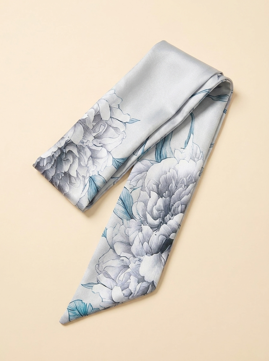 Floral Silk Scarf - Light Gray - Folded