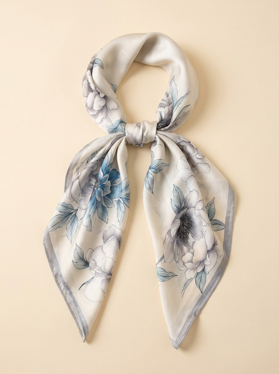Floral Silk Scarf - Light Gray - Knot