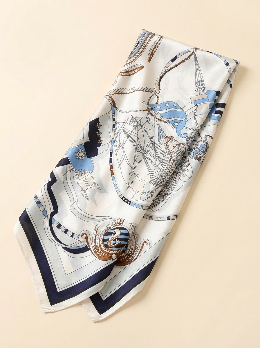 Nautical Silk Scarf - Ivory - Folded