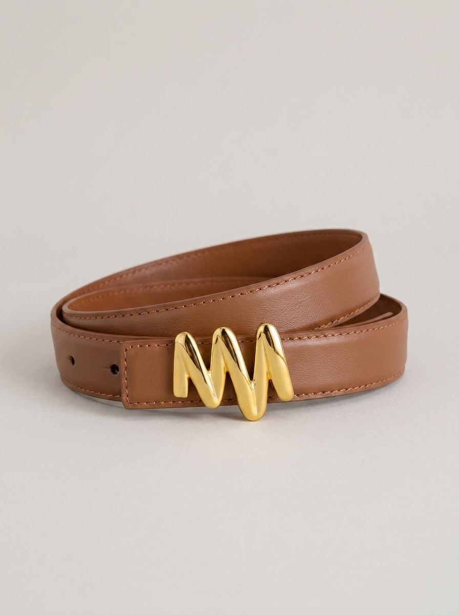 Gold Buckle Leather Belt - Brown