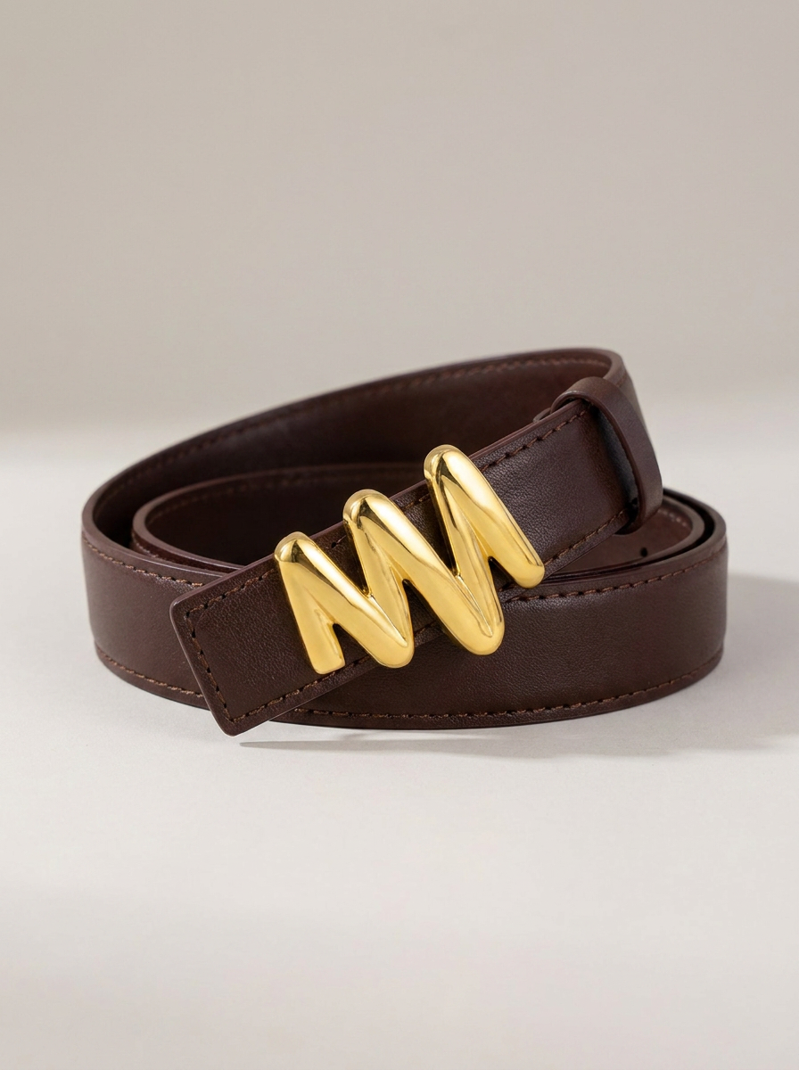 Gold Buckle Leather Belt - Coffee Brown