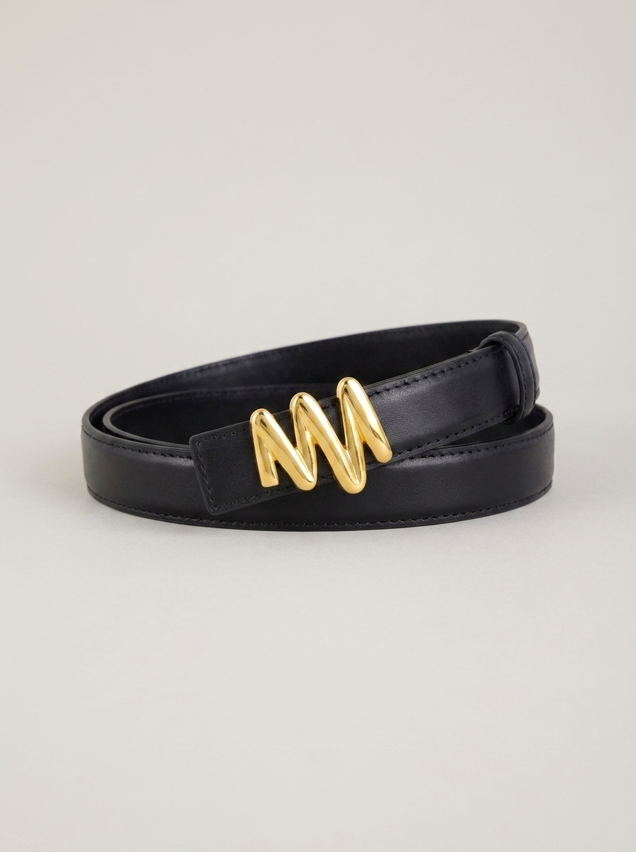 Gold Buckle Leather Belt - Black