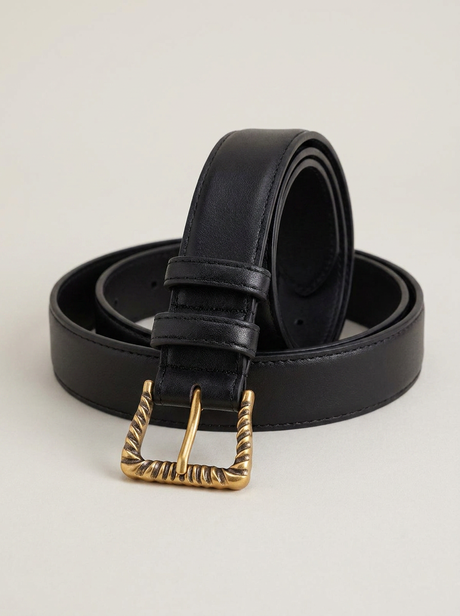 Textured Gold Buckle Belt - Black