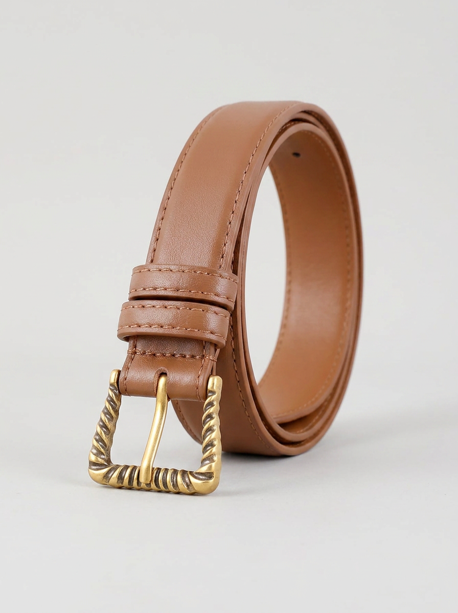 Textured Gold Buckle Belt - Brown