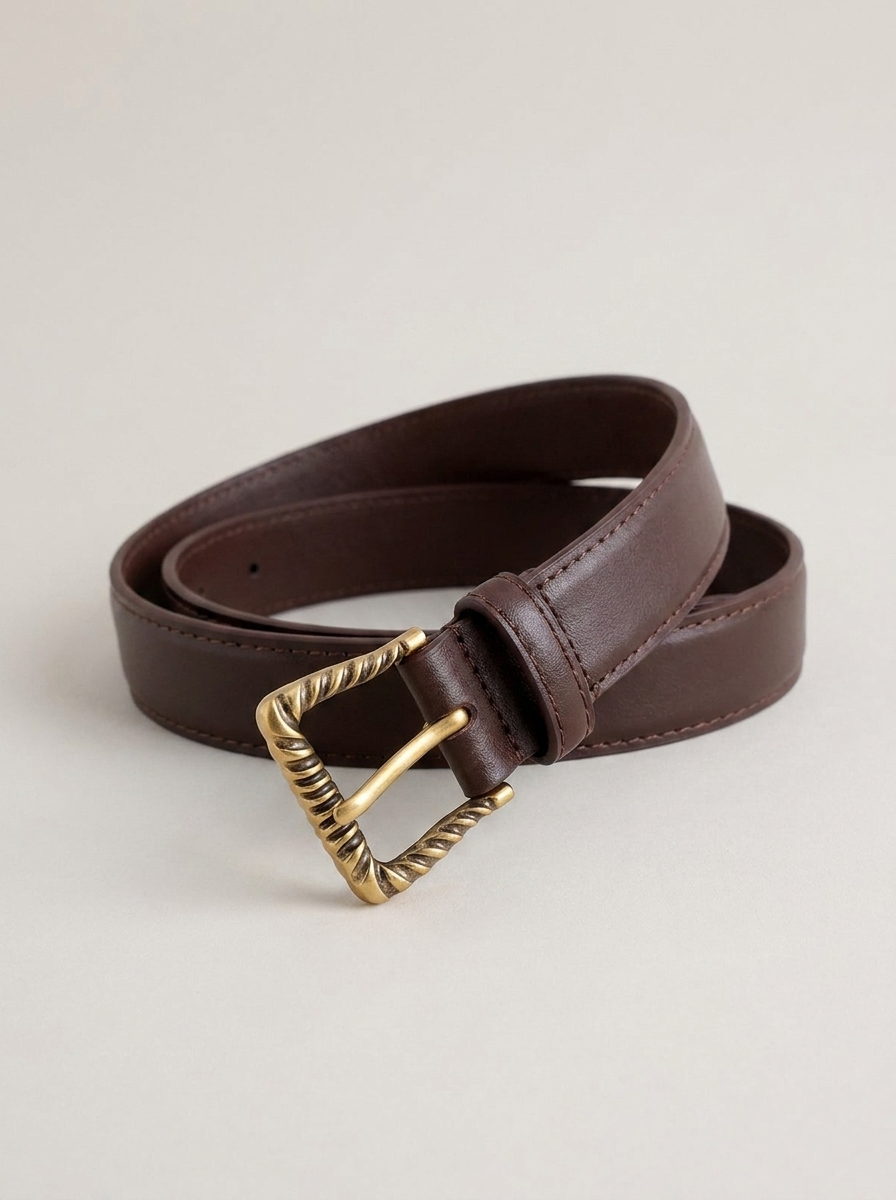 Textured Gold Buckle Belt - Coffee Brown