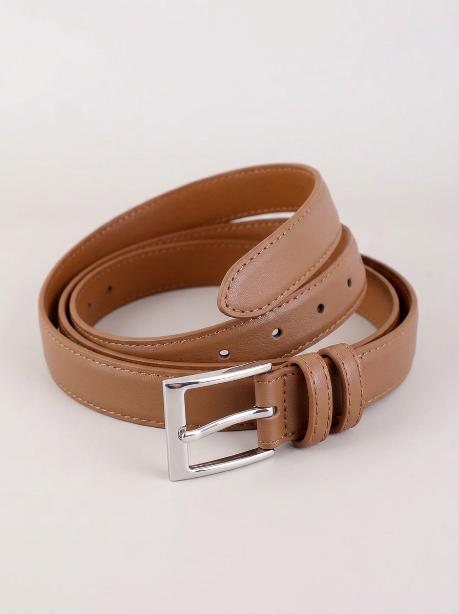 CleanGirlStore Skinny Silver Buckle Belt - Brown
