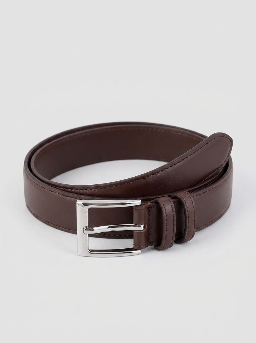 CleanGirlStore Skinny Silver Buckle Belt - Coffee Brown