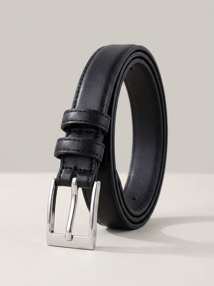 CleanGirlStore Skinny Silver Buckle Belt - Black