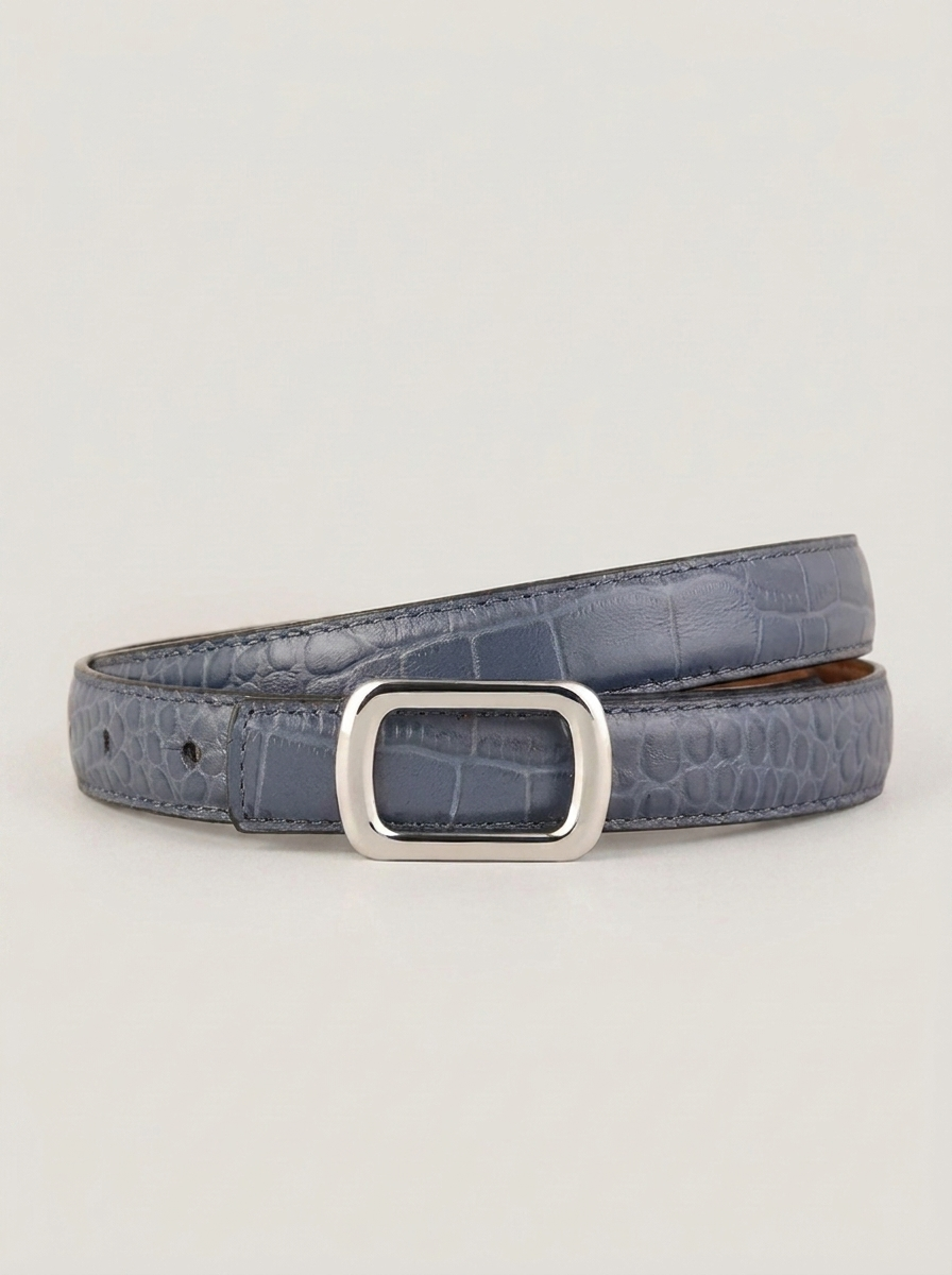 CleanGirlStore Croc Embossed Leather Belt - Blue