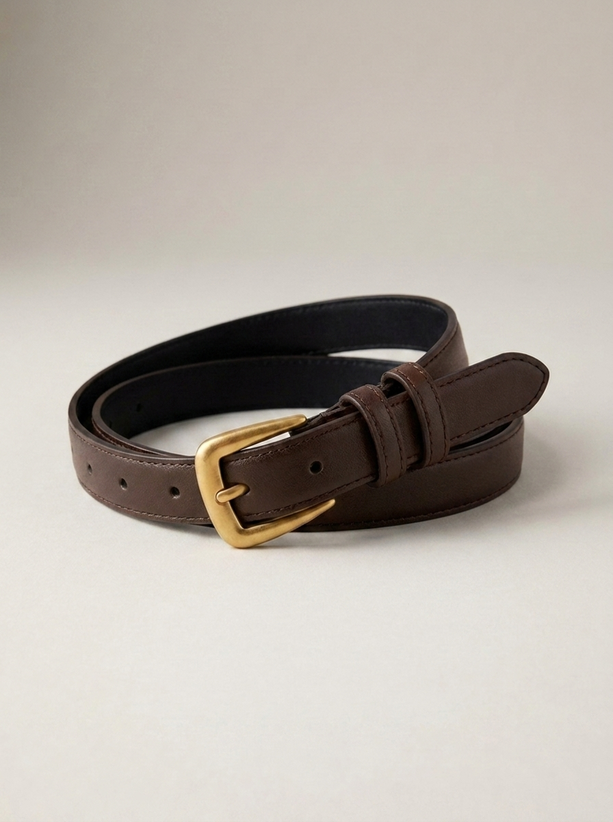 CleanGirlStore Skinny Gold Buckle Belt - Olive Brown