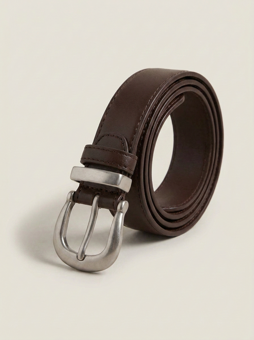 CleanGirlStore Classic Silver Buckle Belt - Brown