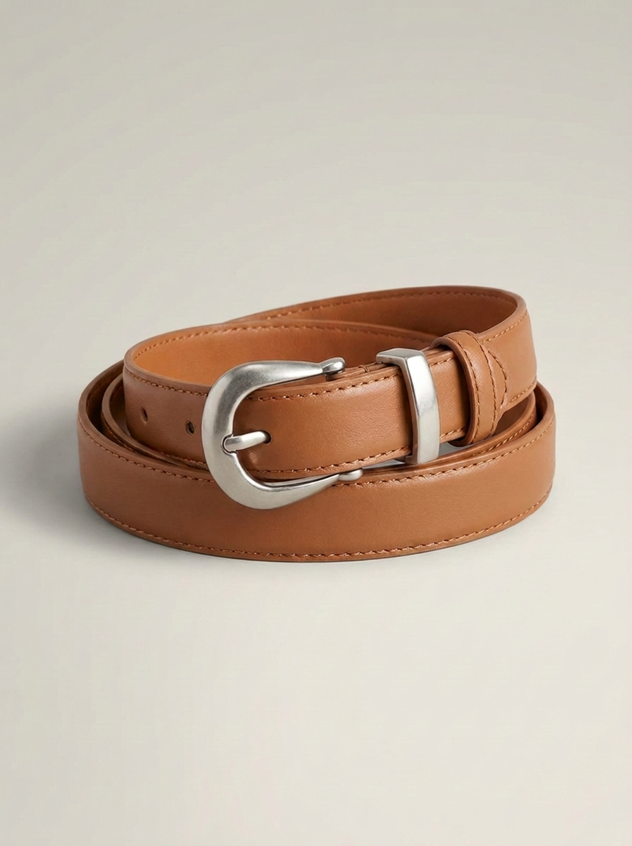 CleanGirlStore Classic Silver Buckle Belt - Caramel
